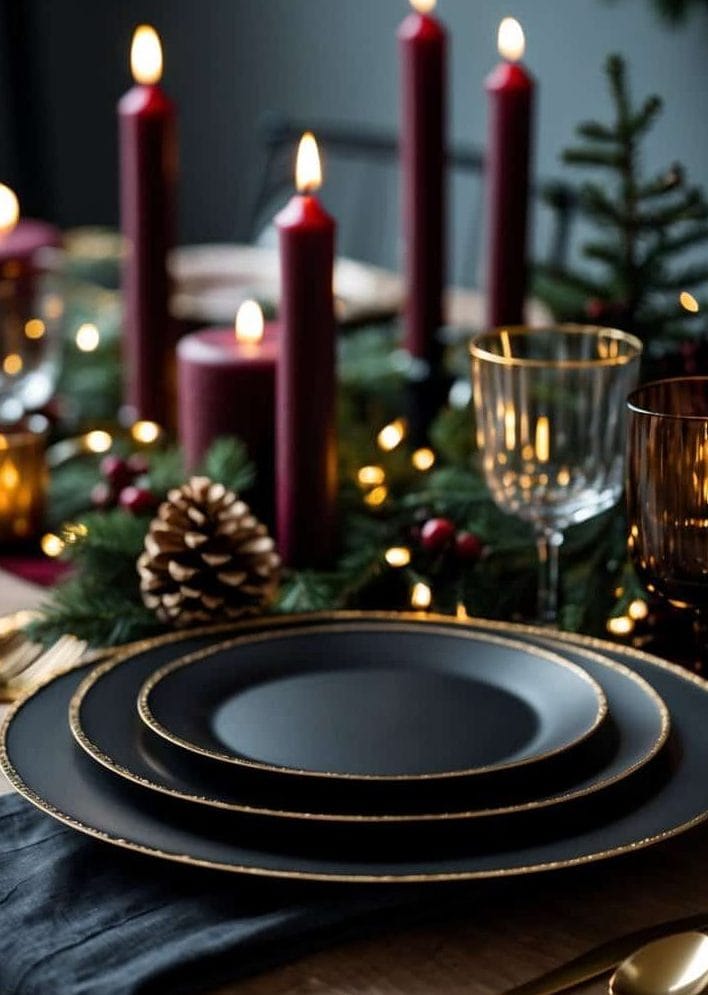 Elegant table setting with black plates, gold-rimmed glassware, gold cutlery, dark napkins, red candles, pinecones, and evergreen decor on a wooden table.