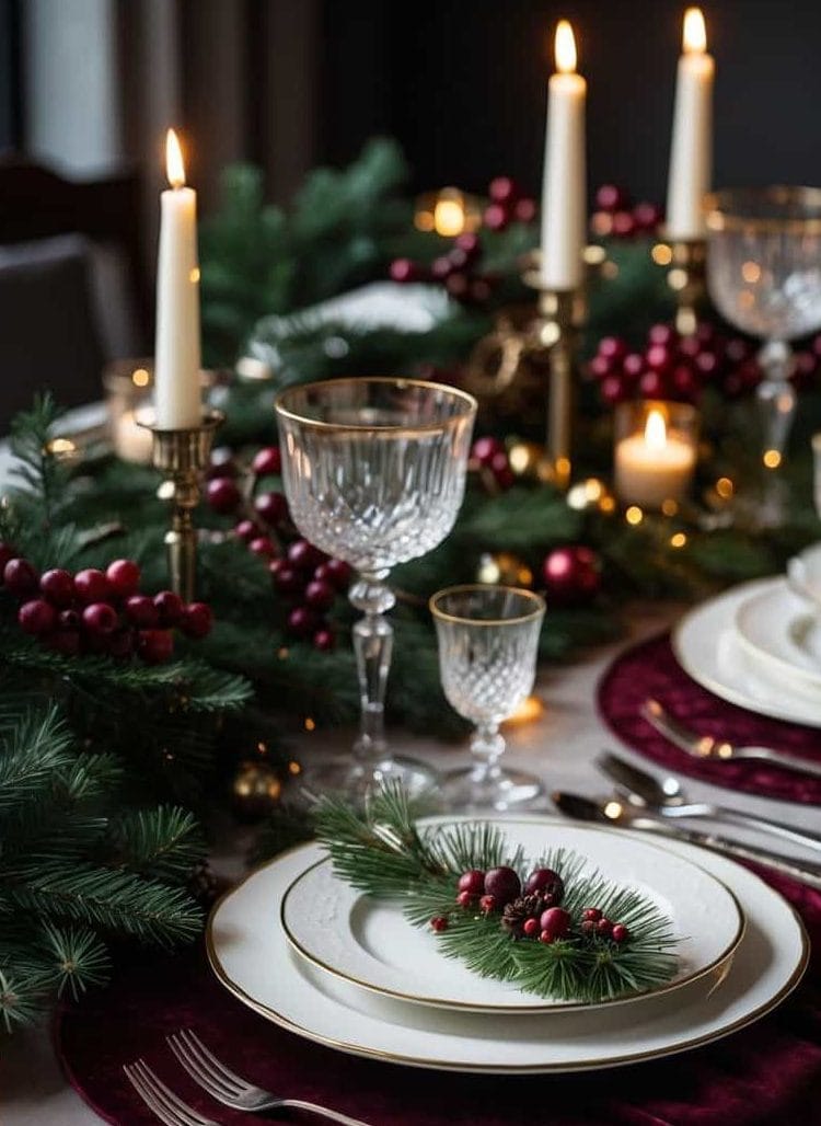 Elegant holiday table setting with white plates, crystal glasses, candles, and pine and berry decorations on a white tablecloth with burgundy accents.