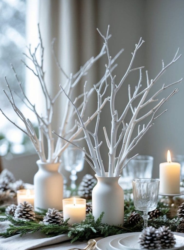 A winter-themed table setting with white vases holding white branches, pinecones, evergreen sprigs, candles, and glassware arranged neatly on a white tablecloth.