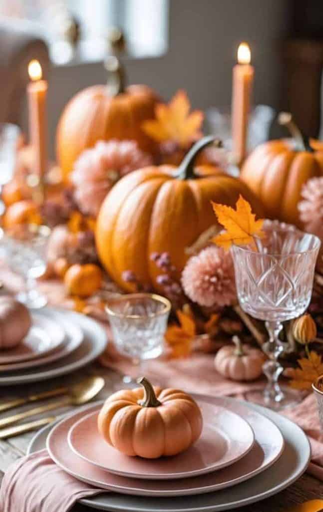 A decorated table set for a meal, featuring pumpkins, autumn leaves, candles, and elegant glassware with a pink and orange fall theme.