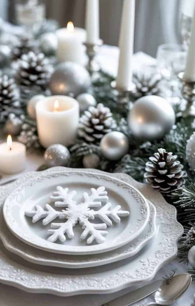 Elegant winter-themed table setting with white plates, silverware, candles, pinecones, silver ornaments, and a snowflake decoration on the top plate.