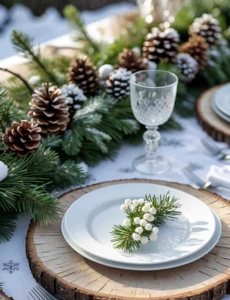 A festive table setting with pinecone and evergreen garland, wooden chargers, white plates, silverware, and a clear glass on a white cloth with snowflake patterns.