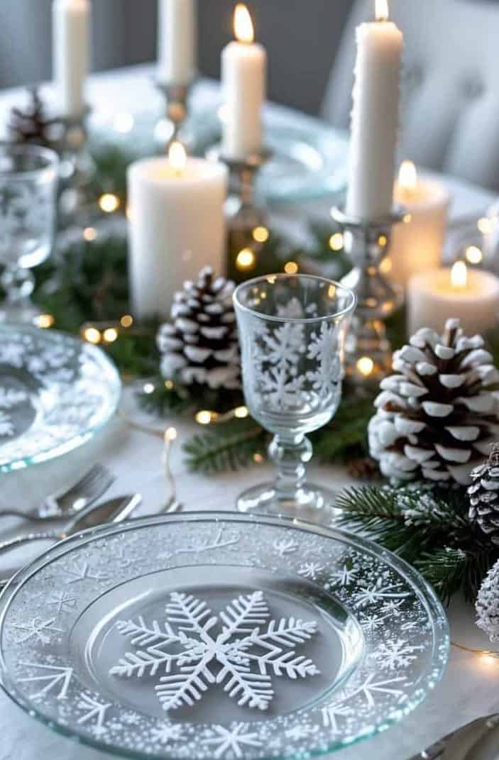 Elegant winter-themed table setting with glass plates featuring snowflake designs, pinecones, evergreen branches, and lit white candles arranged as a centerpiece.