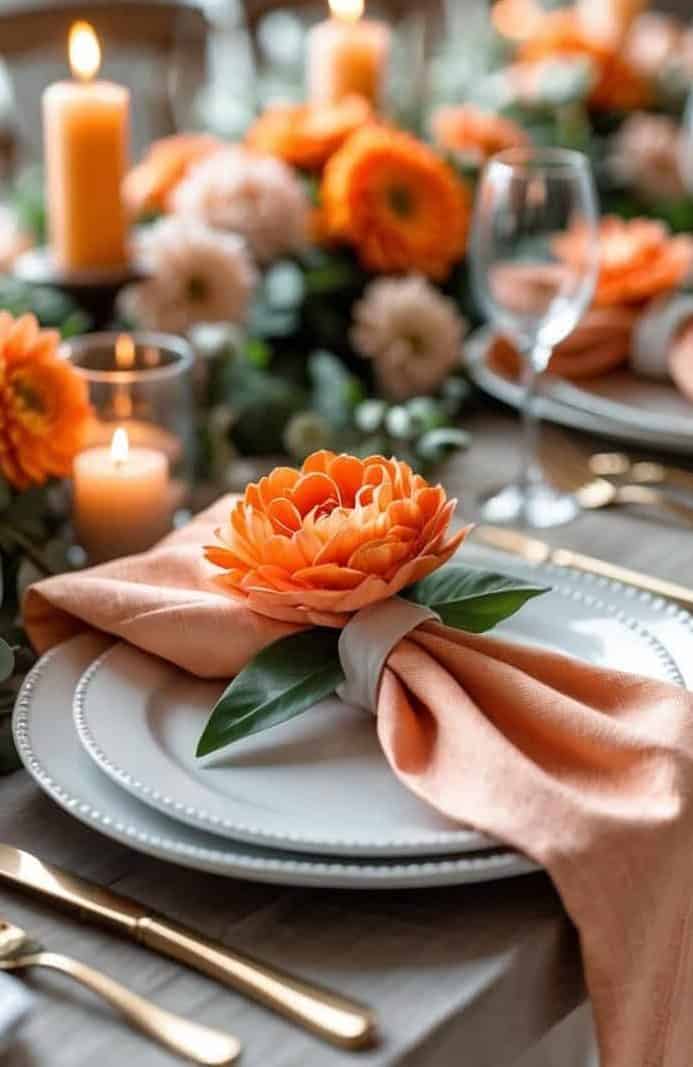A table set with white plates, gold cutlery, and peach napkins, featuring orange flower napkin rings, surrounded by candles and floral centerpieces.