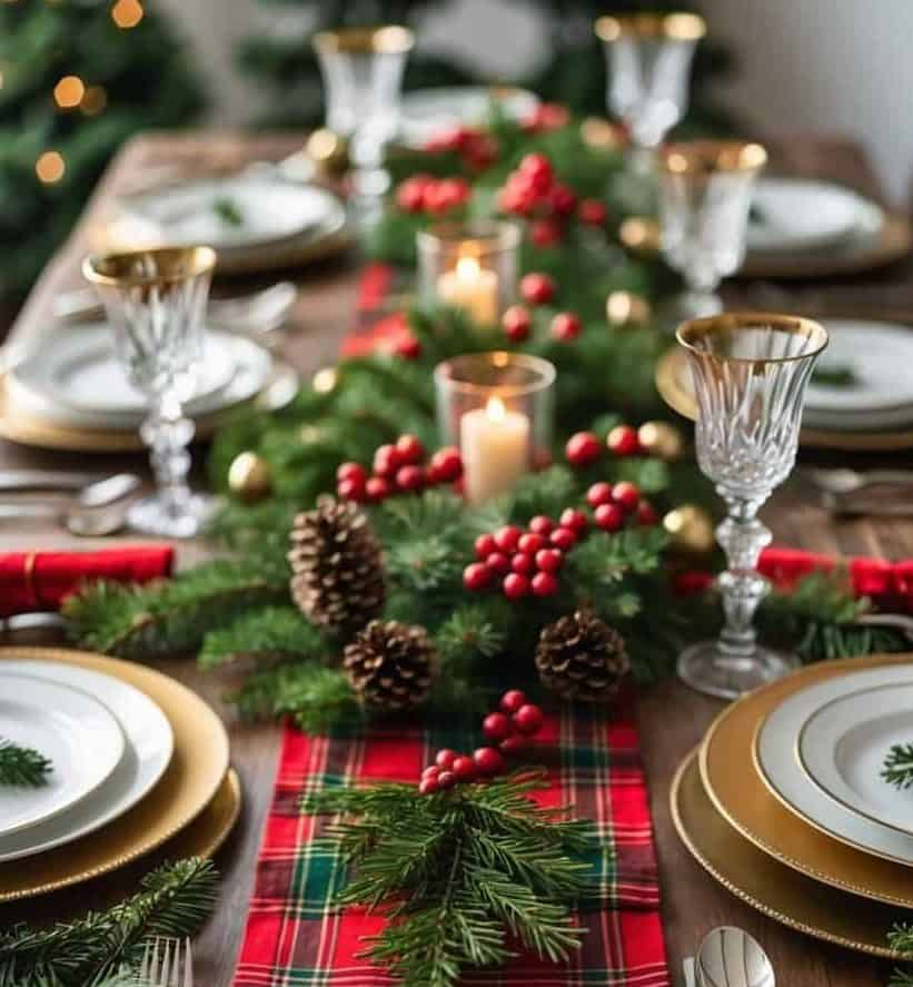 A holiday dining table set with gold-rimmed plates, crystal glasses, silver cutlery, a red plaid table runner, pine branches, pinecones, red berries, and candles as centerpiece.