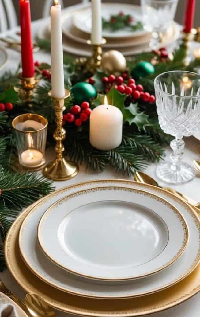 A festive dining table set with gold-rimmed plates, gold cutlery, and crystal glassware, decorated with candles, red berries, and pine garland.