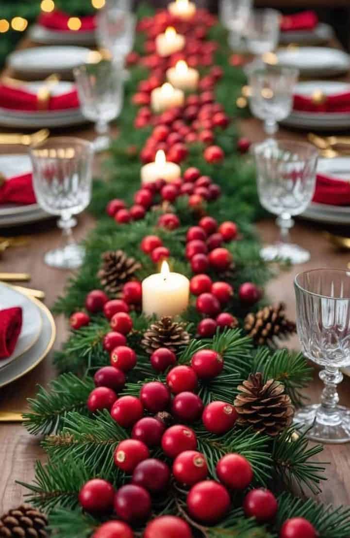 A festive table is set with plates, glasses, red napkins, and gold cutlery, featuring a centerpiece of pine branches, red berries, pinecones, and lit candles.