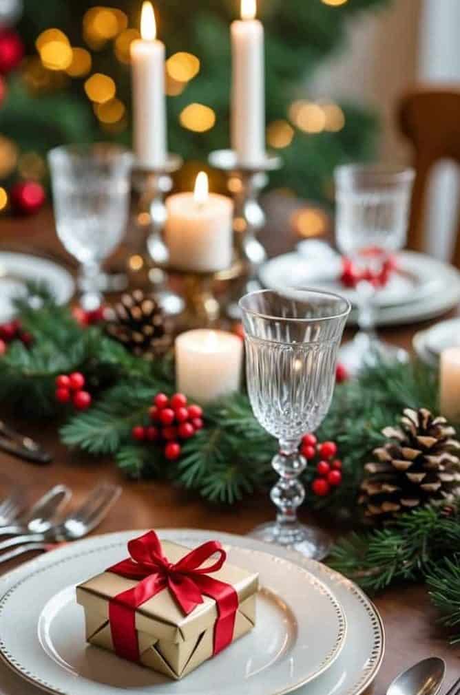 A festive dining table set with plates, silverware, glassware, candles, pine cones, greenery, and a small gift box with a red ribbon, with a decorated Christmas tree in the background.