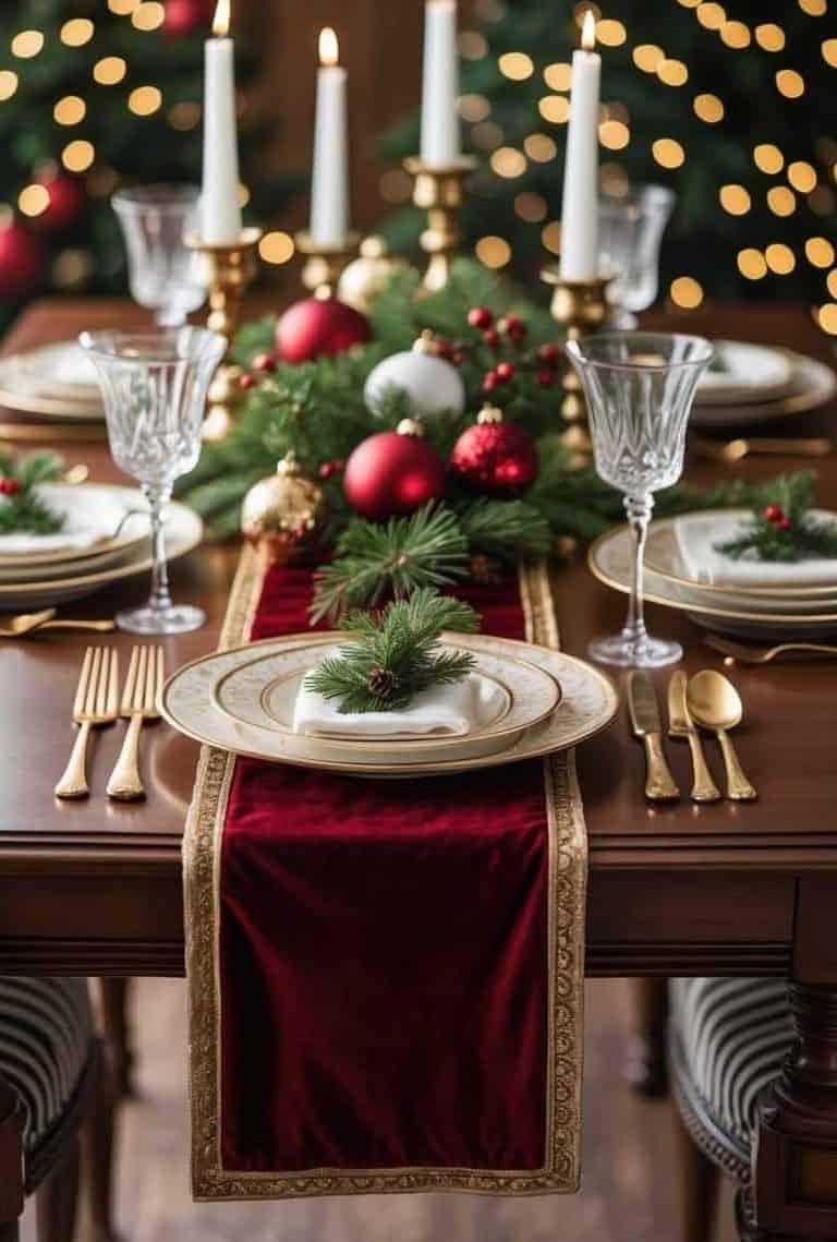 A holiday dining table set with white plates, gold cutlery, crystal glasses, red and gold ornaments, greenery centerpiece, and lit candles, with Christmas trees in the background.