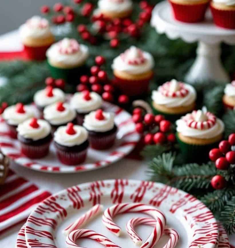 A festive table setting with candy canes on striped plates, surrounded by holiday cupcakes, greenery, and red berries.