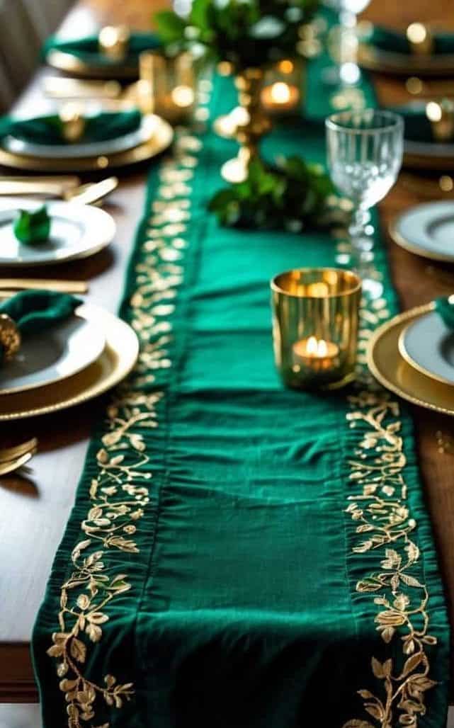 A dining table set with gold-rimmed plates, green napkins, gold flatware, crystal glasses, candles, and a green table runner with gold embroidery.