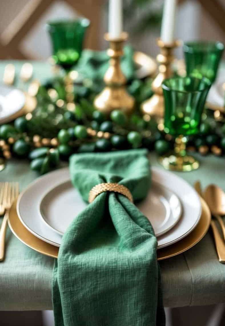 A formal dining table set with white plates, gold cutlery, green napkins with napkin rings, green glasses, and gold candle holders on a green tablecloth.