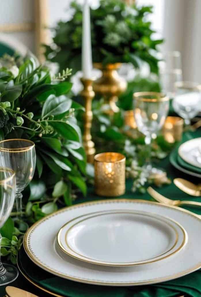 Elegant table setting with white plates, gold cutlery, gold-rimmed glasses, green tablecloth, candles, and green foliage centerpiece.