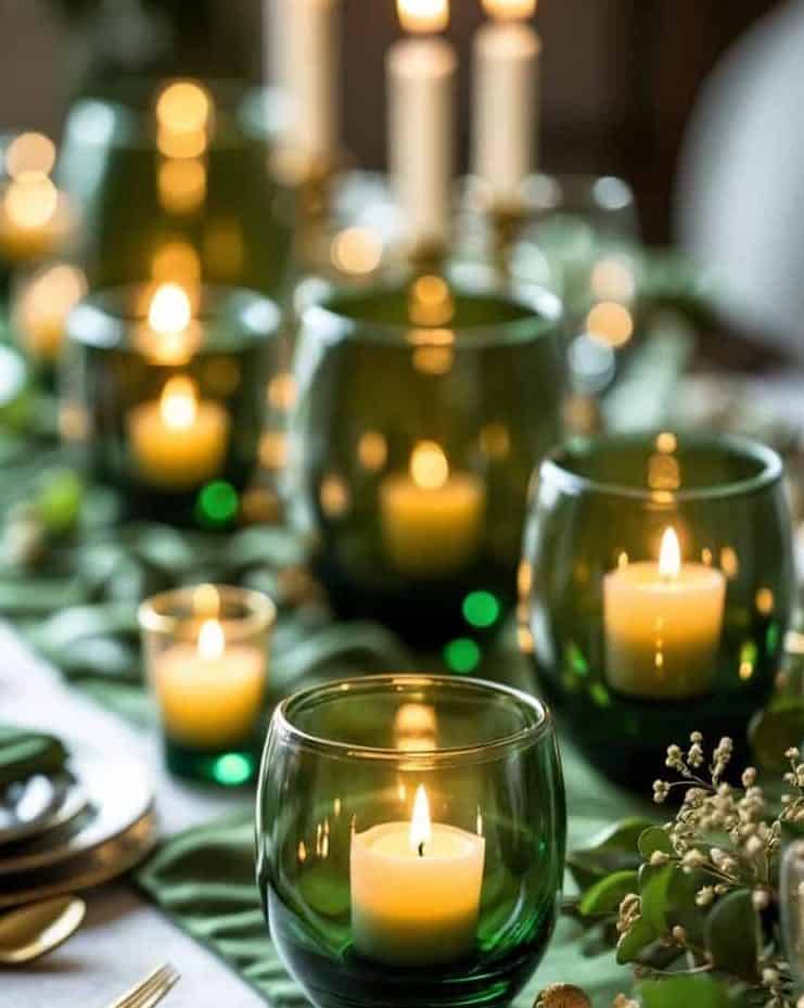 A dining table set with gold cutlery, green glass candle holders with lit candles, green napkins, and small floral decorations.