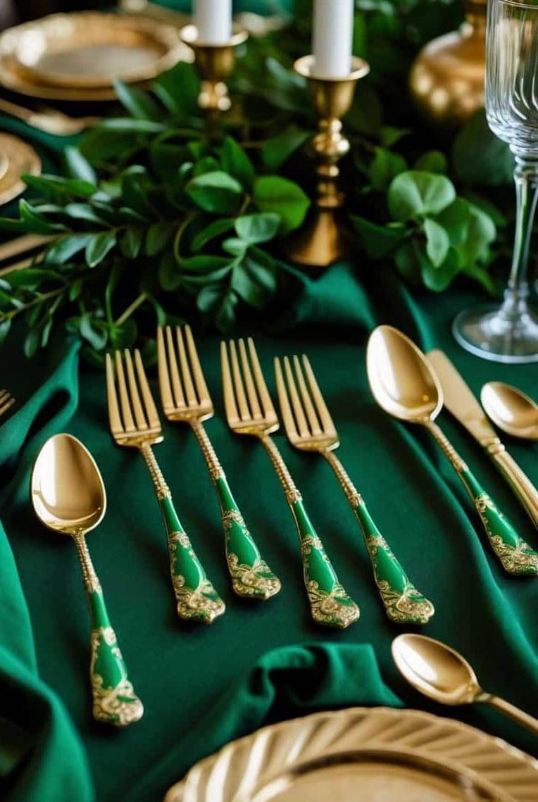 A set of gold and green forks and spoons are arranged on a green tablecloth, with gold plates, candlesticks, and greenery as part of the table setting.