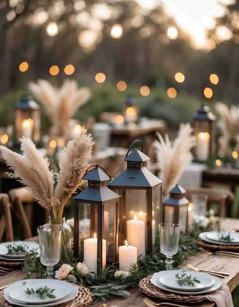 A rustic outdoor table set for dinner with lanterns, candles, pampas grass, glassware, plates, and gold cutlery, surrounded by greenery and string lights in the background.