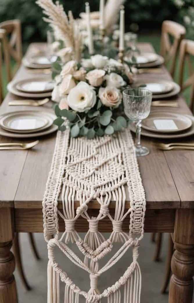 Wooden dining table set for a formal meal with gold-accented plates, a glass goblet, and a floral centerpiece; features a macramé table runner.