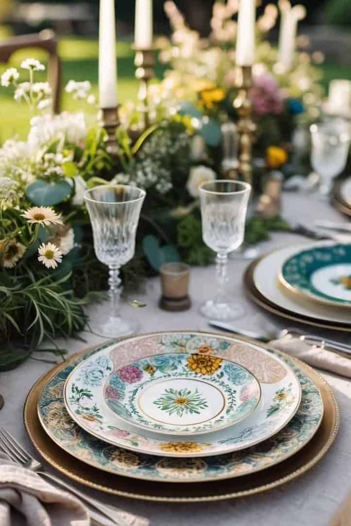 An elegantly set outdoor dining table with floral-patterned plates, glassware, candlesticks, and a lush centerpiece of greenery and flowers.