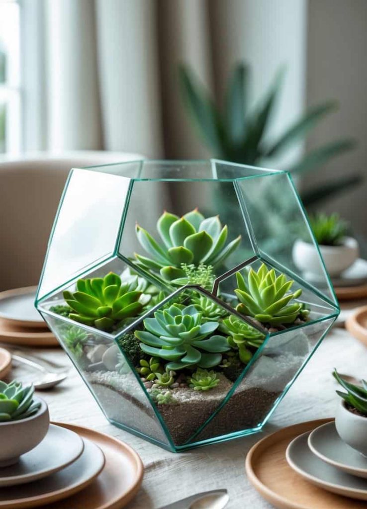 A geometric glass terrarium filled with assorted succulents is placed as a centerpiece on a dining table set with plates, bowls, and cutlery.