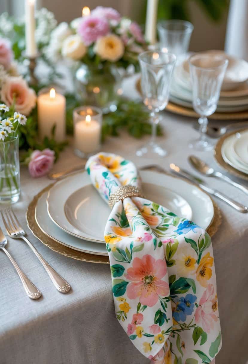 A dining table set with hand-painted floral napkins, ceramic plates, silverware, glassware, fresh flowers, and candles.