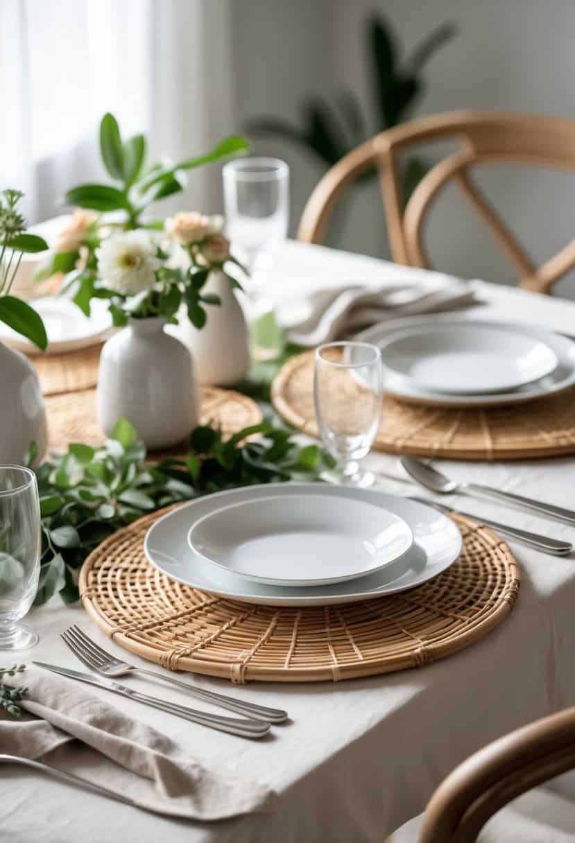 A dining table set with rattan placemats, white plates, glassware, silver cutlery, and small plants.