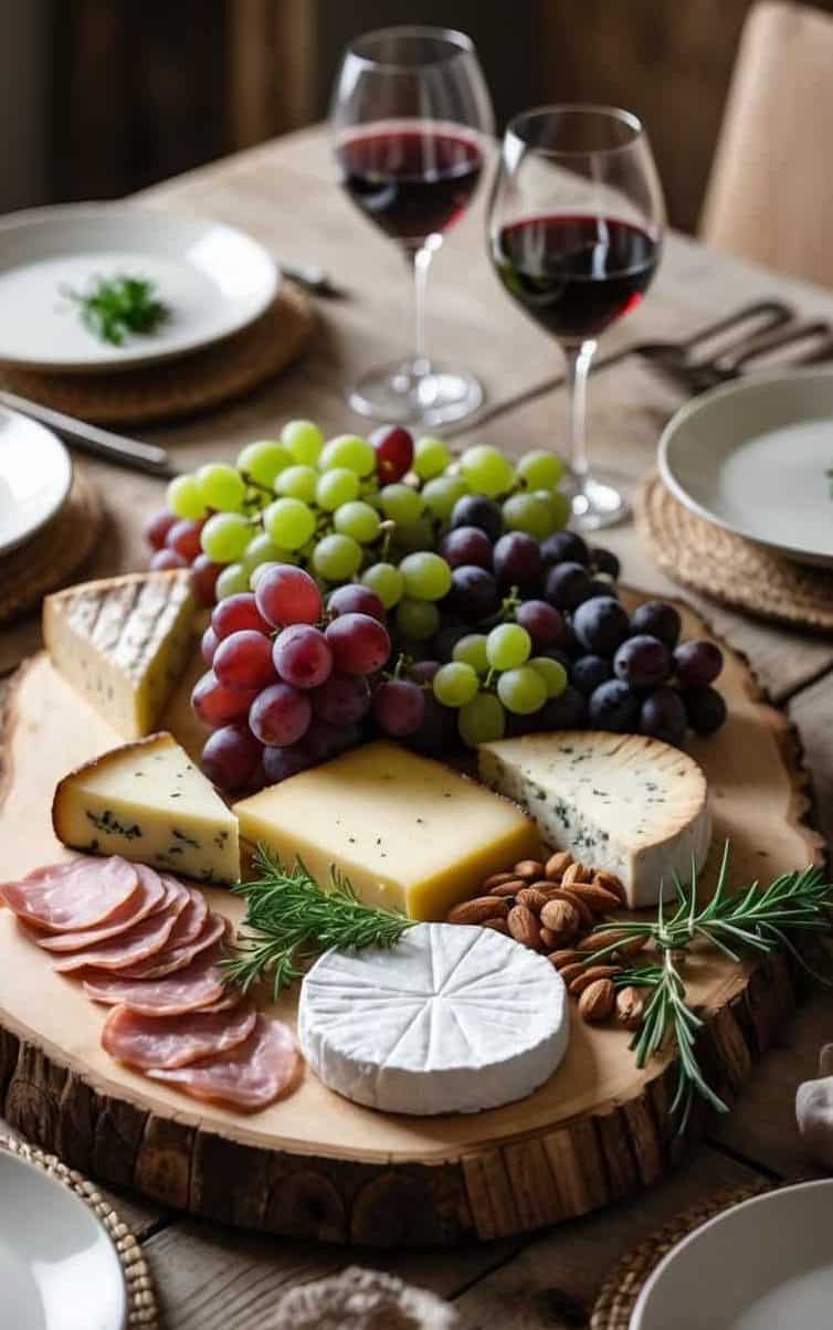 A wooden board with assorted cheeses, grapes, sliced meats, almonds, and rosemary on a table set with plates and glasses of red wine.