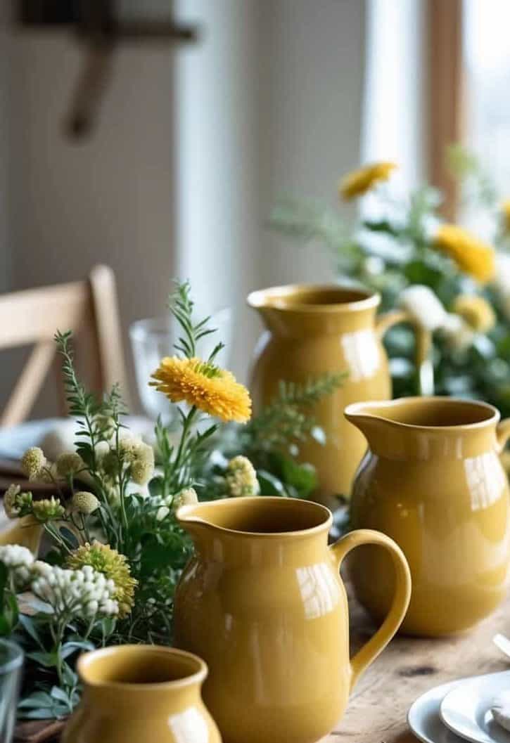 A wooden dining table set with yellow ceramic pitchers, white plates, napkins, and decorated with yellow and white flowers and greenery.