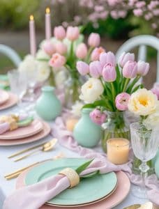 A pastel-themed table setting with mint green and pink plates, gold cutlery, pink napkins, floral centerpieces, candles, and glassware. Tulips and peonies decorate the table.