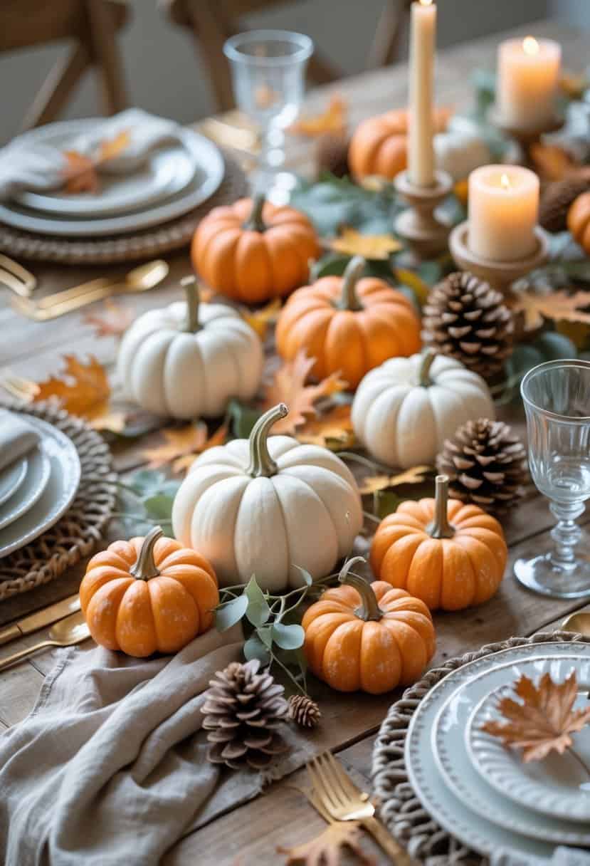 A fall tablescape with miniature pumpkins, dried leaves, pinecones, candles, and plates arranged on a wooden table.