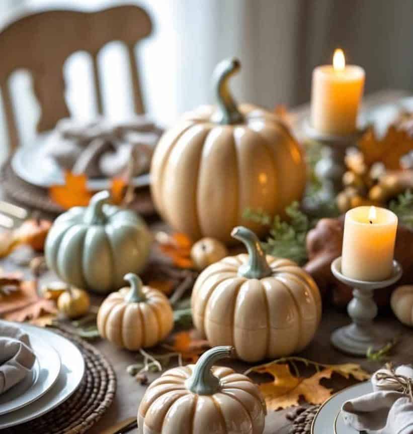 A wooden dining table set for a meal with gold cutlery, white plates, woven placemats, and ceramic pumpkins surrounded by autumn leaves and lit candles.