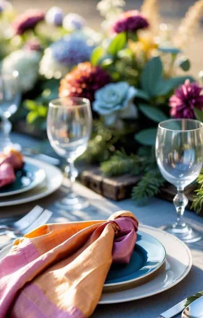 A close-up of an outdoor dining table set with plates, glasses, silverware, colorful napkins, and a floral centerpiece featuring purple, white, and green flowers.
