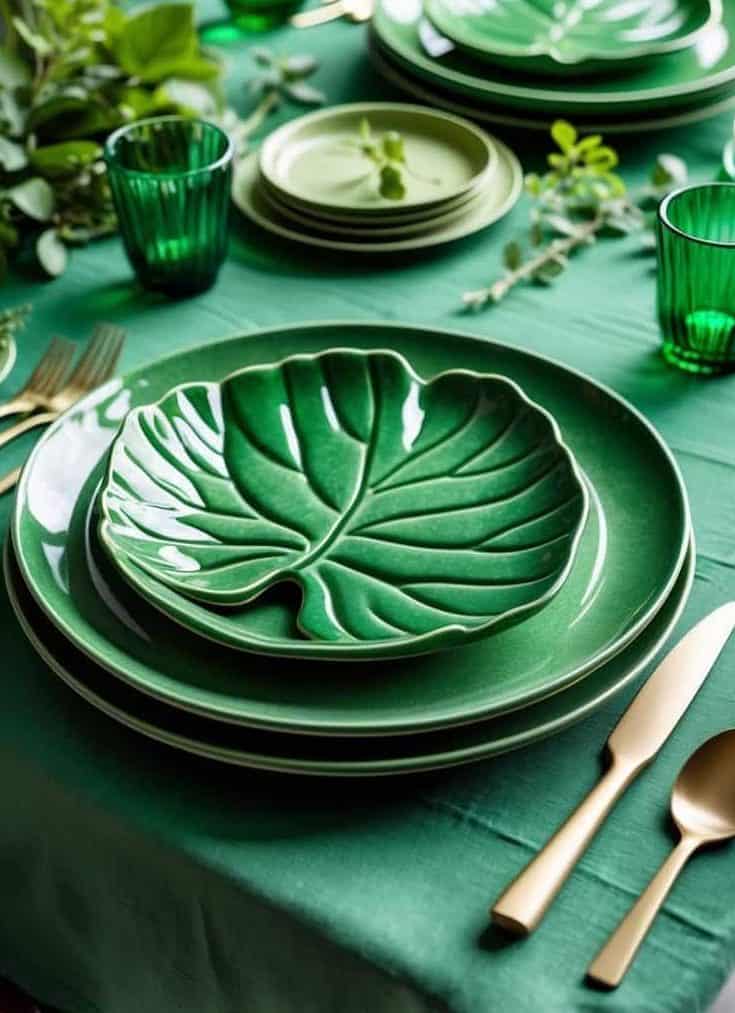 A table set with green leaf-shaped plates, green glasses, gold cutlery, and a green tablecloth, decorated with leafy foliage.