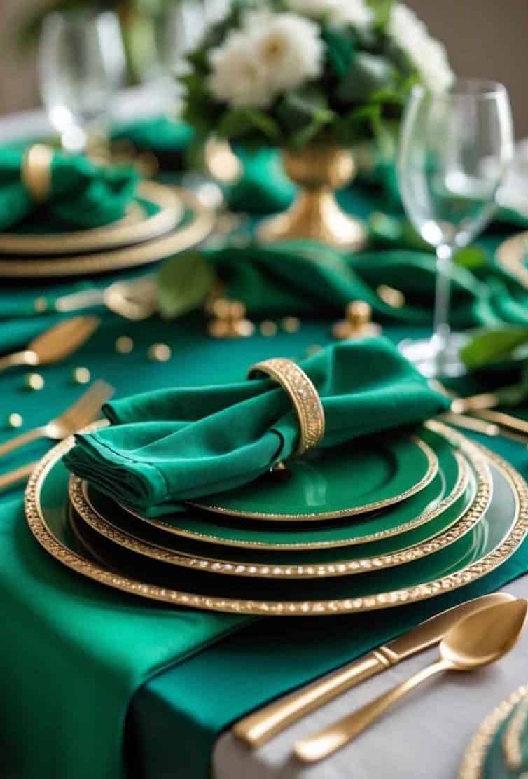 A formal dining table set with green and gold plates, green napkins in gold rings, gold cutlery, wine glasses, and a floral centerpiece.