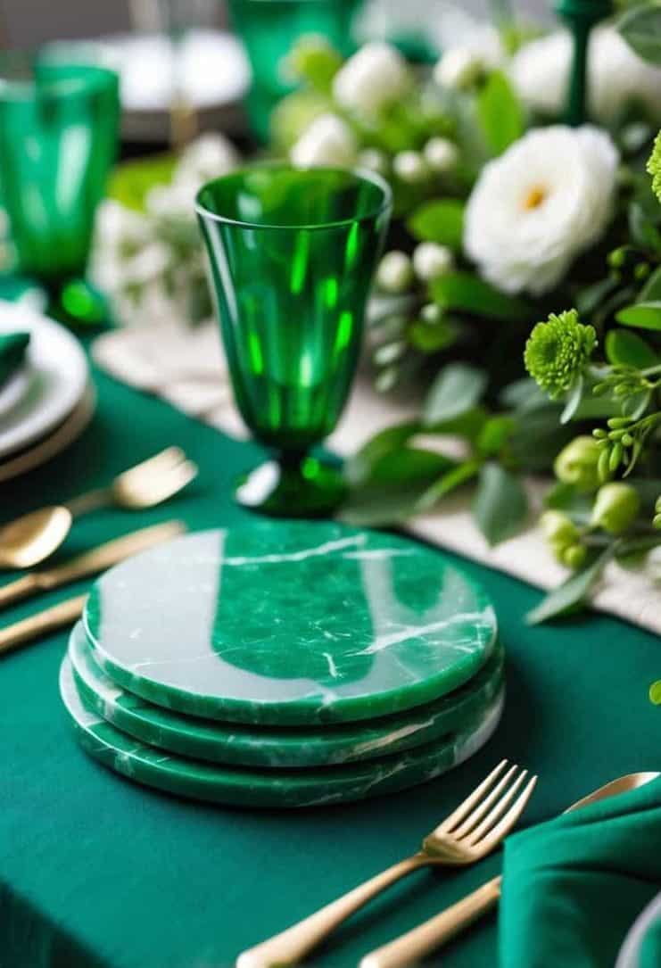 A dining table set with green glasses, gold cutlery, marble-patterned green coasters, white plates, and a floral arrangement with white and green flowers.