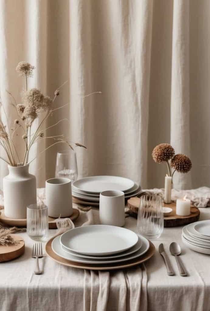 A neatly arranged dining table with white plates, glasses, cutlery, ceramic vases with dried flowers, candles, and a neutral tablecloth against a beige curtain background.