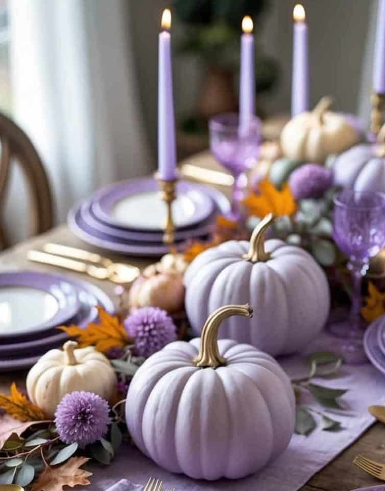 A dining table is set with lavender plates, gold cutlery, lavender candles, and white and lavender pumpkins, decorated with autumn leaves and purple flowers.