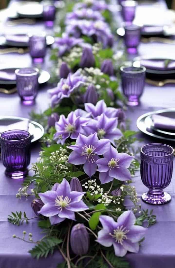 A long dining table set with purple flowers, greenery, purple-tinted glasses, and black plates on a purple tablecloth, arranged for a formal event.