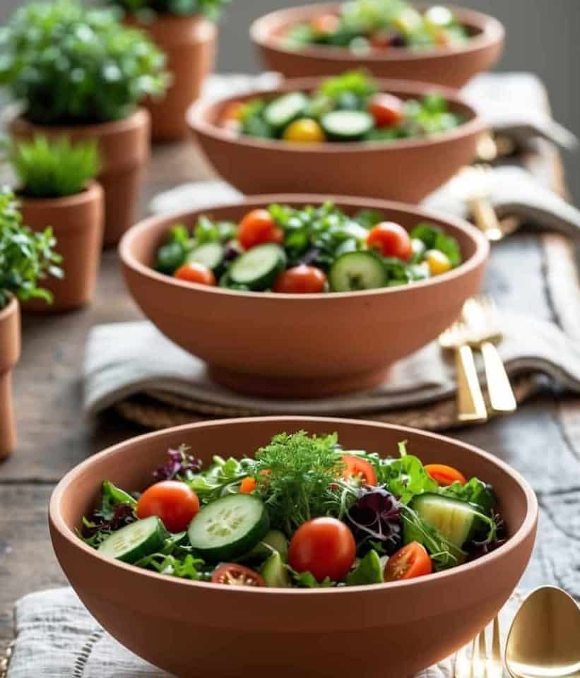 Four bowls of fresh salad with cucumbers, cherry tomatoes, and greens are arranged on a rustic wooden table set with gold cutlery and beige napkins, with potted plants in the background.