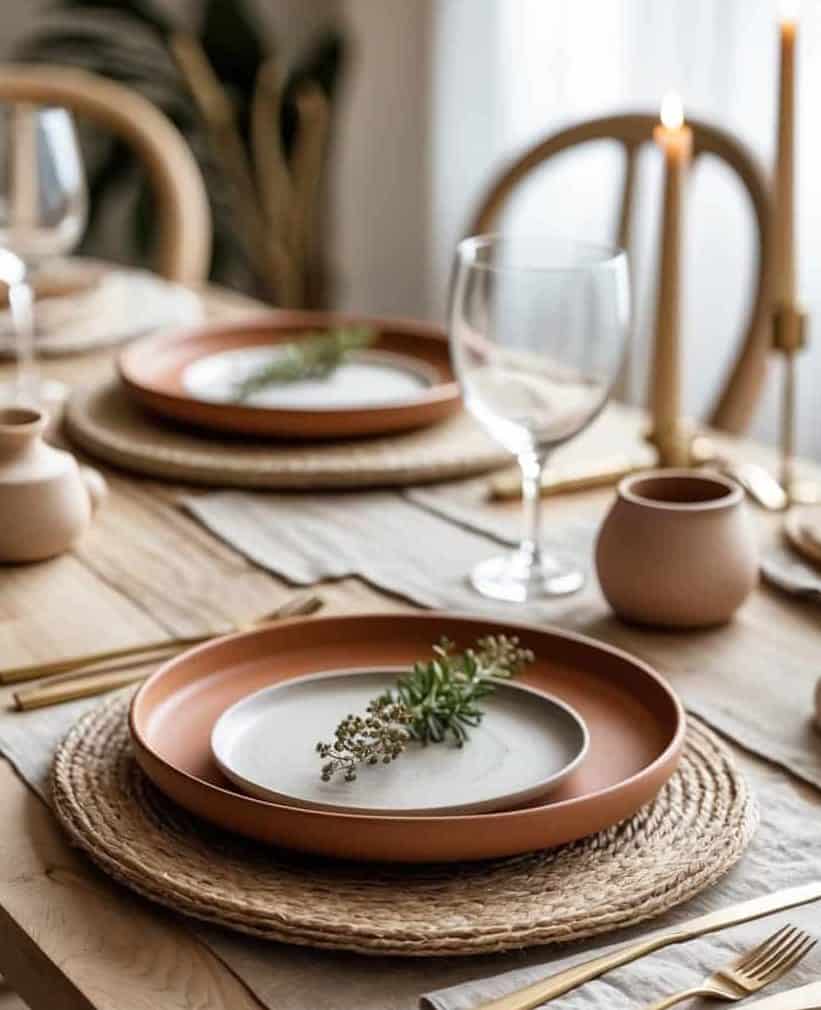 A neatly set dining table with woven placemats, plates, gold cutlery, a wine glass, candles, and a sprig of greenery as decoration.