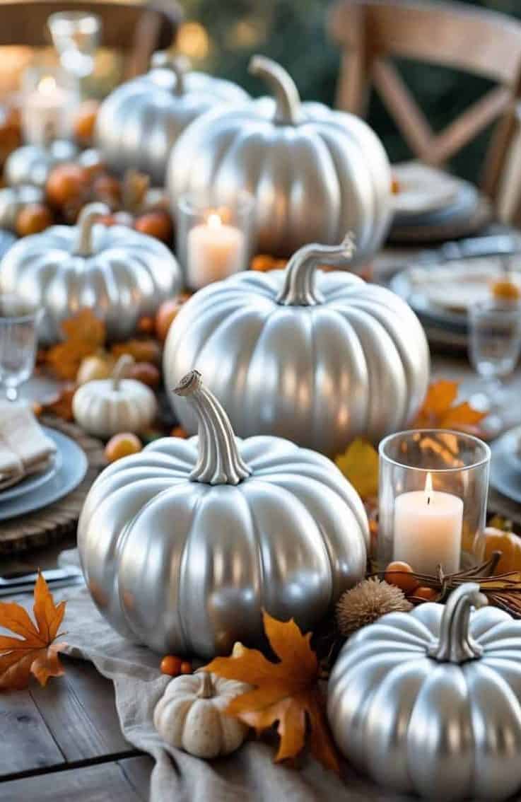 A table set for autumn with silver-painted pumpkins, candles, fall leaves, and dinnerware arranged on a wooden surface.