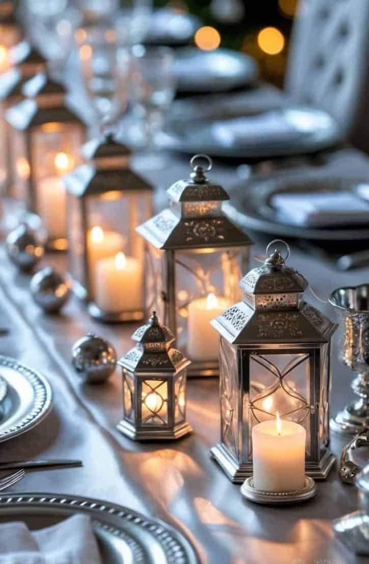 A formal dining table is set with silver plates, glassware, and napkins, decorated with lit candles in ornate lanterns and silver ornaments.