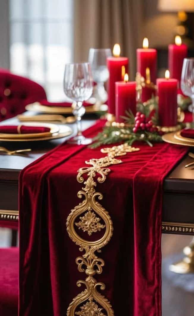 A dining table set with red velvet chairs and a red velvet table runner with gold detailing, decorated with red candles, gold-rimmed plates, and holiday greenery.