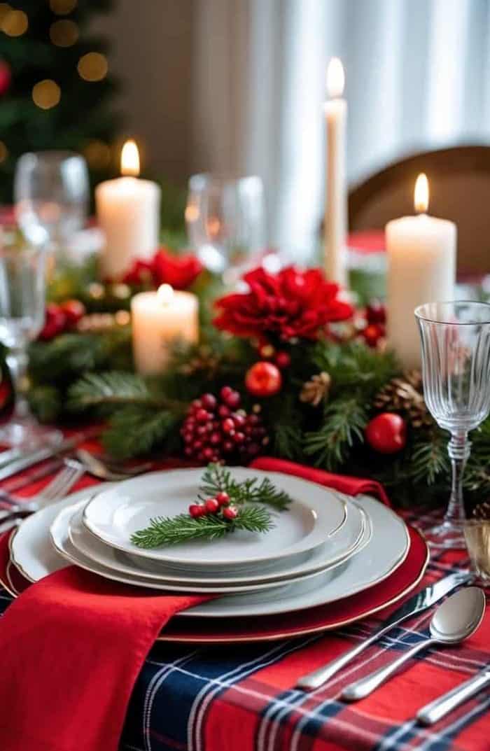 A holiday table set with white plates, red napkins, plaid tablecloth, lit candles, glassware, and evergreen and berry decorations.