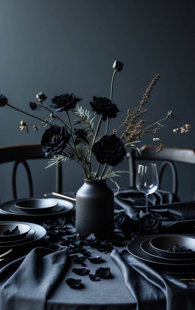 A round table set with black plates, gold cutlery, and a black vase holding dark flowers, surrounded by black fabric and rose petals in a dimly lit room.
