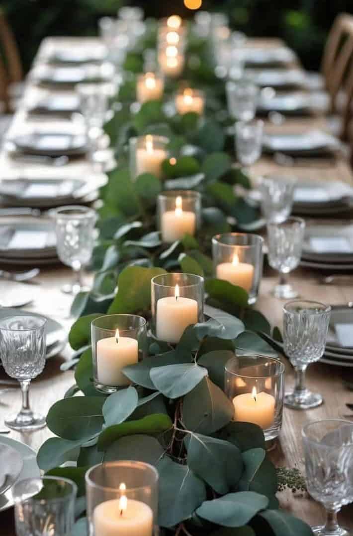 A long dining table set with plates, glasses, and napkins, decorated with a centerpiece of greenery and lit candles in glass holders.
