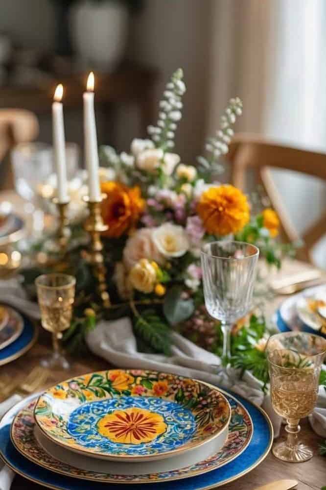 A wooden dining table set with colorful floral-patterned plates, gold cutlery, glassware, a floral centerpiece, and lit candles.