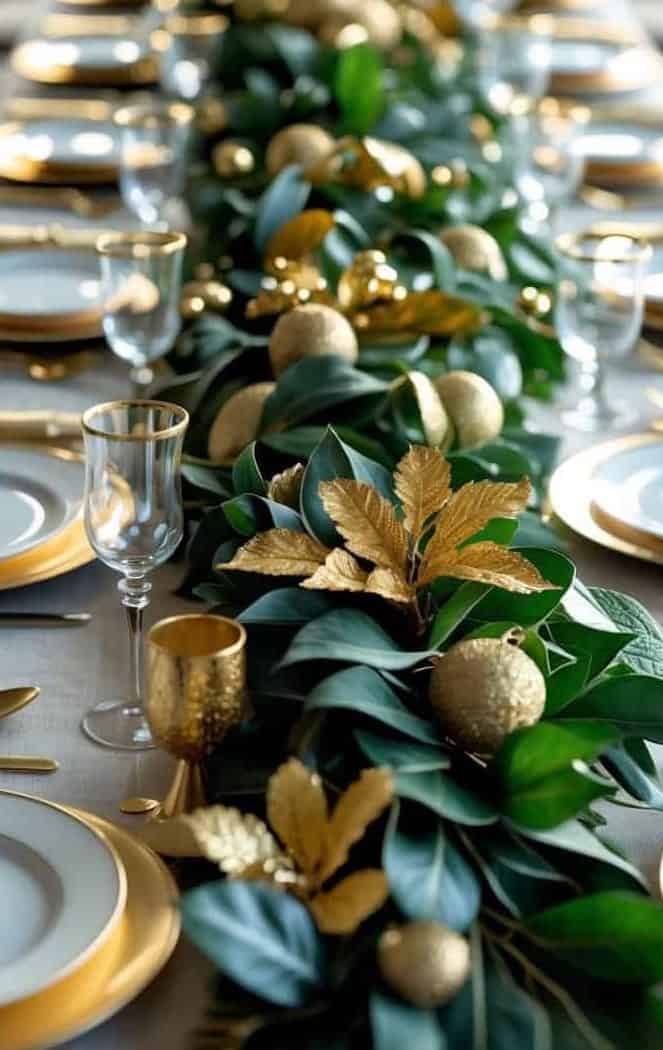 A formal dining table set with white plates, gold-rimmed glasses and flatware, and a centerpiece of green leaves and gold decorations.