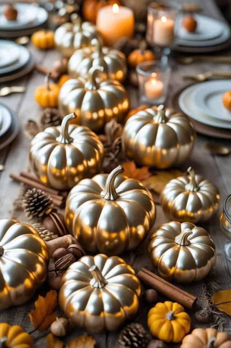 A dining table is decorated with gold-painted pumpkins, candles, pinecones, cinnamon sticks, and autumn leaves, set for a festive fall gathering.