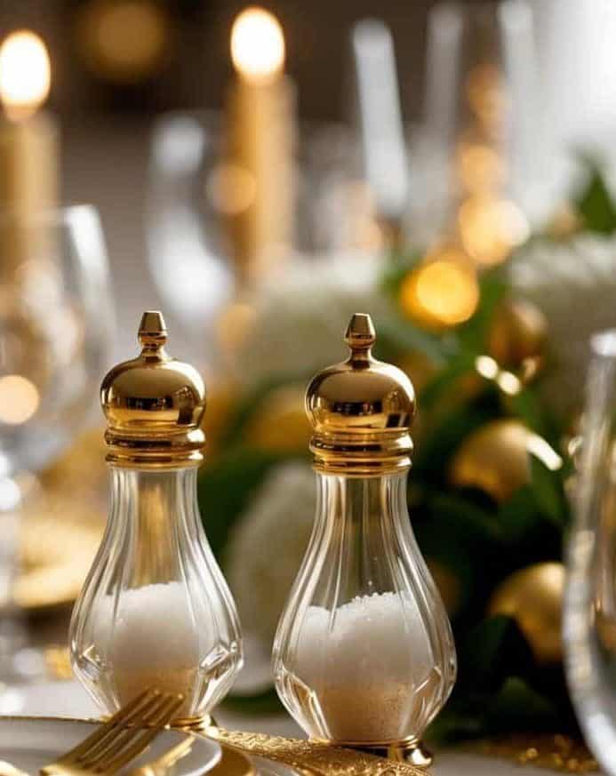 Crystal salt and pepper shakers with gold tops on a formal dining table set with gold-accented plates, cutlery, and candles in the background.
