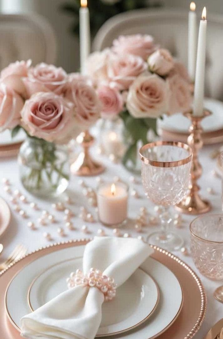 Elegant table setting with white and rose gold plates, a napkin with a pearl ring, crystal glasses, candles, and pink rose floral centerpieces on a white tablecloth.
